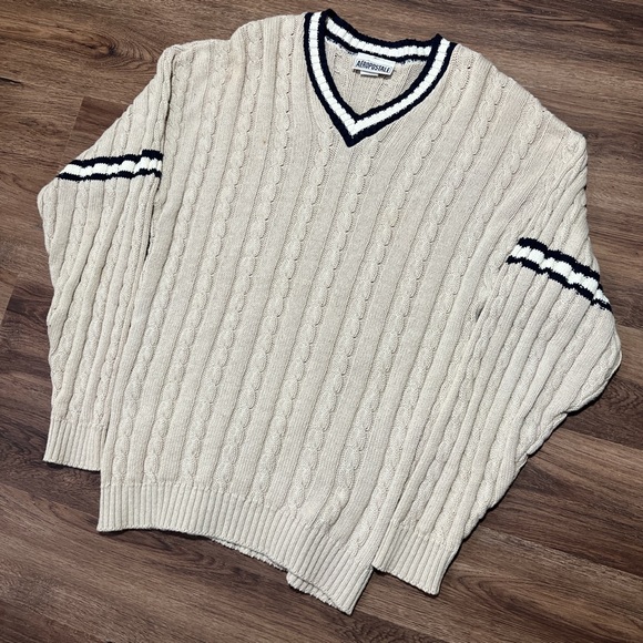 Mens small vintage y2k Aeropostale cable v-neck sweater pullover cream stripe - Picture 5 of 6